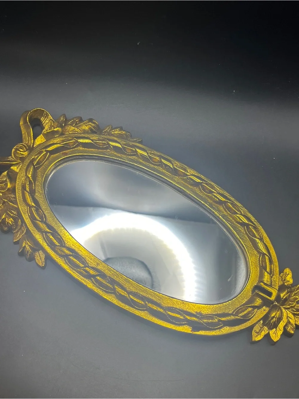 Vintage Pressed Wood and Plastic Elegant Golden Bow Oval Mirror 6” x 12”